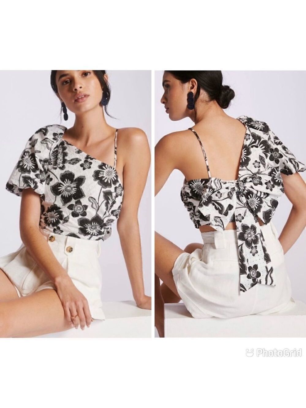 NEW Anthropologie Maeve Floral Eyelet Blouse Bow Back Black White 10
